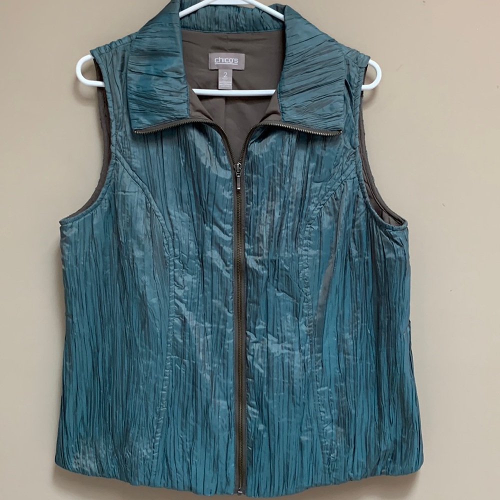 Chico's Teal Crinkle Zip-Front Vest